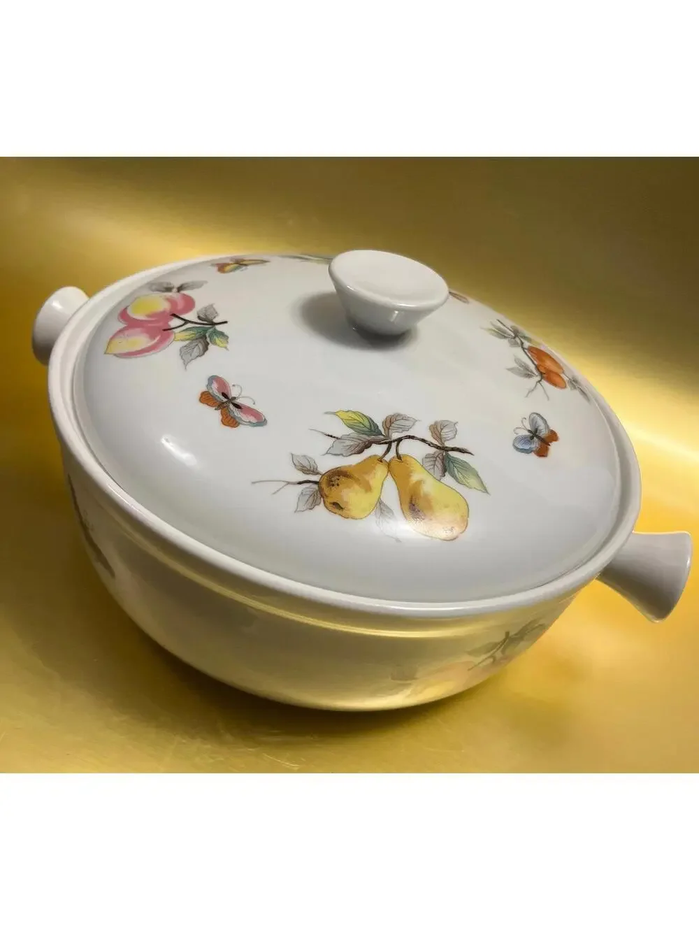 Vintage Ceramic Covered Casserole Dish with Fruit and Butterfly Motif